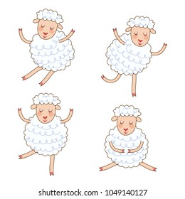 Funny little sheep set in different poses. Collection isolated sheep in cartoon style.