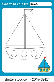 Funny little Ship. Coloring Book.  Illustration and vector outline - A4 paper ready to print. Educational Game
