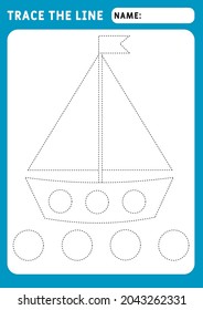 Funny little Ship. Educational children game. Preschool worksheet for practicing fine motor skills - tracing dashed lines. Tracing Worksheet. Illustration and vector outline - A4 paper