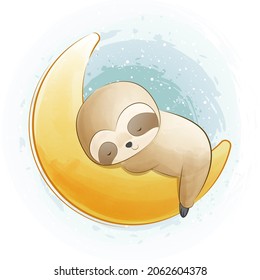 funny little sloth sleeping on the moon watercolor animals illustration Isolated on white background, for cover book, baby shower, nursery decorations, birthday invitations, poster, greeting card