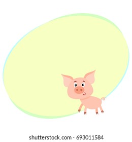 Funny little smiling pig with swirling tail, cartoon vector illustration with space for text. Cute little pig standing on four legs and smiling shyly, decoration element