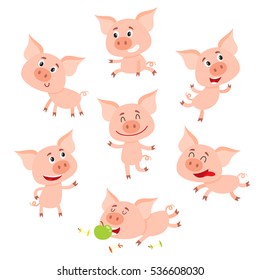 Funny little smiling pig in various poses, set of cartoon vector illustrations isolated on white background. Cute little pig standing, sitting, dancing, lying, eating, running happily,