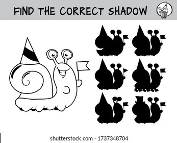 Funny little snail. Find the correct shadow. Educational matching game for children. Black and white cartoon vector illustration