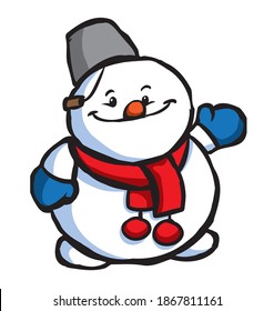 funny little snowman in a red scarf and a bucket on his head smiles and waves