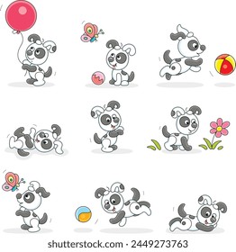 Funny little spotted black and white puppy playing with its toys on a walk in a park, set of vector cartoon illustrations on a white background