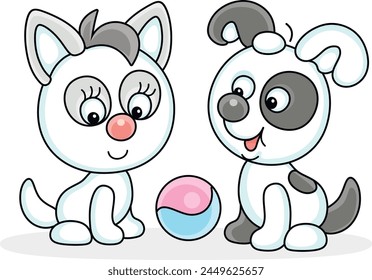 Funny little spotted black and white puppy and a cute white and grey kitten going to play with a small toy ball in a yard of their house, vector cartoon illustration on a white background