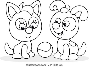 Funny little spotted puppy and a cute kitten going to play with a small toy ball in a yard of their house, black and white vector cartoon illustration for a coloring book