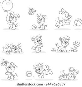 Funny little spotted puppy playing with its toys on a walk in a park, set of black and white vector cartoon illustrations for a coloring book