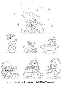 Funny little spotted puppy playing with different domestic things at home, set of black and white vector cartoon illustrations for a coloring book