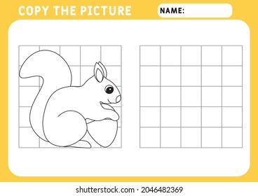 Funny little squirrel coloring page. Educational game for children. Copy the picture. Illustration and vector outline - A4 paper, ready for printing.