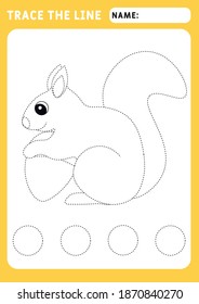Funny little squirrel. Educational children game. Preschool worksheet for practicing fine motor skills - tracing dashed lines. Tracing Worksheet. Illustration and vector outline - A4 paper
