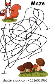 Funny little squirrel. Educational maze game for children. Colorful cartoon vector illustration.