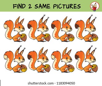 Funny little squirrel with a nut. Find two same pictures. Educational game for children. Cartoon vector illustration