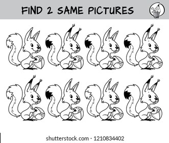 Funny little squirrel with a nut. Find two same pictures. Educational game for children.Blak and white cartoon vector illustration