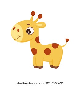 Funny little standing giraffe. Cute cartoon character for print, greeting cards, baby shower, invitation, wallpapers, home decor. Bright colored childish stock vector illustration.