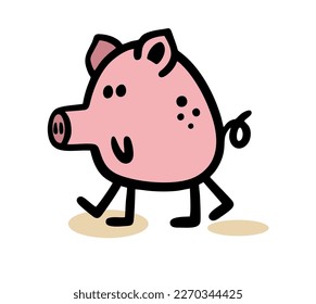 Funny little stick figure pig walking outdoor farm. Vector illustration cute domestic pet animal.