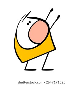 Funny  little stickman suffers, stretches out his arms and asks for a hug. Vector illustration of a child attracts attention. Doodle character screams, calling for help.