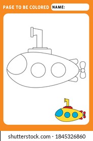 Funny little submarine. Coloring Book.  Illustration and vector outline - A4 paper ready to print. Educational Game