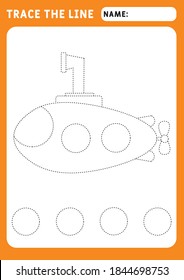 Funny little submarine. Educational children game. Preschool worksheet for practicing fine motor skills - tracing dashed lines. Tracing Worksheet. Illustration and vector outline - A4 paper