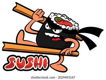 Funny little Sushi cartoon characters wearing karate headband and fighting with chopstick, don't want to eat, best for sticker, logo, mascot for Japanese traditional sushi restaurant