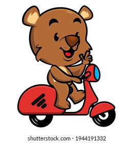 Funny Little Teddy Bear cartoon characters riding a scooter and greeting, best for sticker or mascot with transportation themes for children