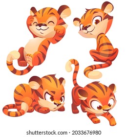 Funny little tiger character in different poses. Vector set of cartoon cute kitten sitting, sleep, sneaks and hides. Creative emoji set, animal mascot isolated on white background