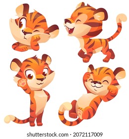 Funny little tiger character in different poses isolated on white background. Vector set of cartoon cute kitten sleeps, walking, peeking and greeting. Creative emoji set, animal mascot