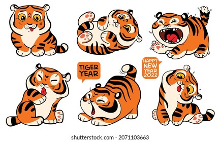 Funny little tiger cubs. Symbol of the Chinese New Year. Colorful cartoon characters. Funny vector illustration. Isolated on white background. Set