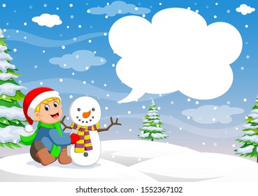 Funny little toddler boy in a red knitted Nordic hat and warm coat playing with a snow