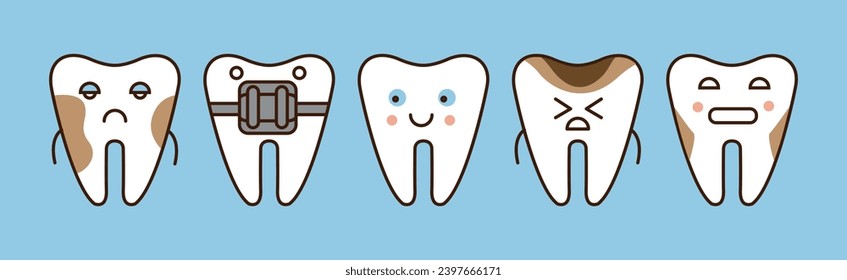 Funny Little Tooth Icon with Face on Blue Background Vector Set