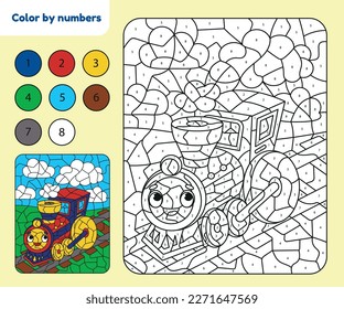 Funny little train character - kids coloring by numbers page. Coloring puzzle for children.Worksheet for school, home. Vector illustration