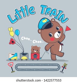 Funny little train with train conductor bear isolated on gray background illustration vector.