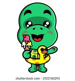 Funny Little Turtle Cartoon Characters eating an ice cream and wearing duck buoy, best for sticker or mascot with summer themes for kids