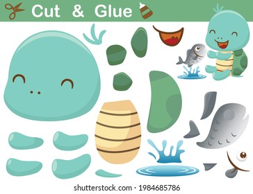 Funny little turtle with a fish. Education paper game for children. Cutout and gluing. Vector cartoon illustration