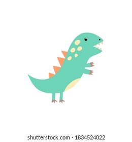 Funny little tyrannosaurus rex in childish style print. Cute dinosaur t rex for kids design. Green dino clipart element. Vector illustration 