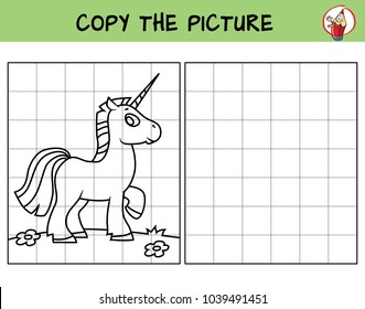 Funny little unicorn. Copy the picture. Coloring book. Educational game for children. Cartoon vector illustration