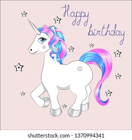 funny little unicorn pony with pink and blue mane, and stars, unicorn Happy birthday card