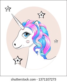 funny little unicorn pony with pink and blue mane, and stars, unicorn Happy birthday card