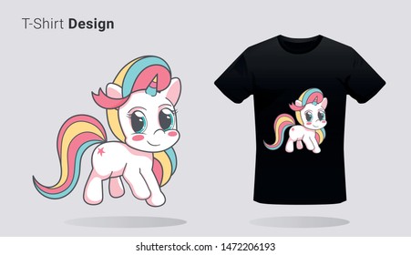 Funny little unicorn. Print on T-shirts, sweatshirts, cases for mobile phones, souvenirs. Vector illustration