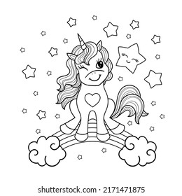 A funny little unicorn sits on a rainbow. Black and white linear contour image. Preschool education. For the design of prints, posters, stickers, cards and so on. Vector