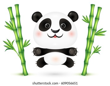 Funny little vector panda jumping between bamboo canes