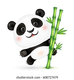 Funny little vector panda on bamboo cane