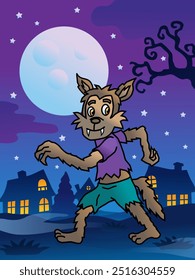 Un pequeño hombre lobo divertido caminando en la noche, luna llena y niebla, un cartel de Halloween espeluznante para los niños, 