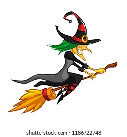 Funny  little witch flying. Cartoon vector illustration. Isolated on white