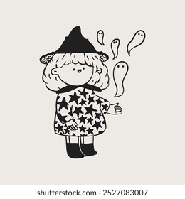 Bruxinha e fantasmas engraçados. Ilustração vetorial na moda.
