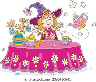 Funny little witch at her festive table with a tea cup, a flying magical teapot, a flower vase and tasty fresh pastry, vector cartoon illustration isolated on a white background