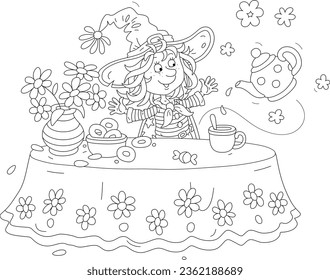 Funny little witch at her festive table with a tea cup, a flying magical teapot, a flower vase and tasty fresh pastry, black and white outline vector cartoon illustration for a coloring book