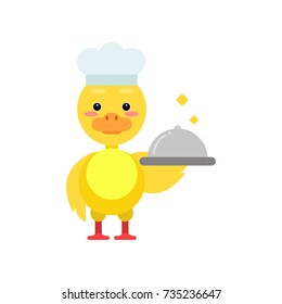 Funny little yellow duckling chef holding silver cloche cartoon character vector illustration