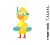 Funny little yellow duckling with lifebuoy and dive mask cartoon character vector illustration