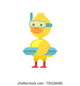Funny little yellow duckling with lifebuoy and dive mask cartoon character vector illustration